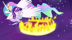 Size: 1280x720 | Tagged: safe, imported from derpibooru, screencap, princess celestia, starlight glimmer, pony, a royal problem, dream walker celestia, fire, holding a pony, momlestia fuel, spread wings, wings