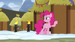 Size: 1280x720 | Tagged: safe, imported from derpibooru, screencap, pinkie pie, pony, not asking for trouble, female, hut, mare, solo, yakyakistan