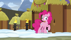 Size: 1280x720 | Tagged: safe, imported from derpibooru, screencap, pinkie pie, pony, not asking for trouble, female, hole, hut, mare, solo, yakyakistan