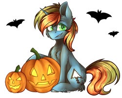 Size: 5729x4616 | Tagged: safe, artist:jazzerix, imported from derpibooru, oc, oc only, bat, pony, unicorn, absurd resolution, halloween, holiday, jack-o-lantern, pumpkin, simple background, solo, transparent background, ych result