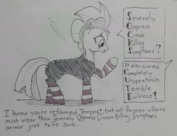 Size: 1280x982 | Tagged: safe, artist:arcanelexicon, imported from derpibooru, fizzlepop berrytwist, tempest shadow, my little pony: the movie, acronym, clothes, dialogue, female, inktober, socks, solo, striped socks, traditional art