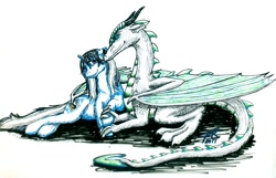 Size: 1000x645 | Tagged: safe, artist:bluebirdsolstice, imported from derpibooru, oc, oc only, oc:bluebird solstice, oc:grumplestiltskin, dragon, unicorn, couple, inktober 2017, romantic, solo