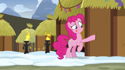 Size: 1280x720 | Tagged: safe, imported from derpibooru, screencap, pinkie pie, pony, not asking for trouble, female, hut, mare, solo, tongue out, yakyakistan