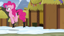 Size: 1280x720 | Tagged: safe, imported from derpibooru, screencap, pinkie pie, pony, not asking for trouble, female, hut, mare, pronking, solo, yakyakistan