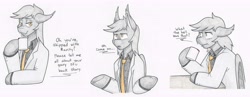 Size: 8153x3153 | Tagged: safe, artist:flicker-show, imported from derpibooru, oc, oc only, bat pony, pony, bat pony oc, clothes, cup, dialogue, fangs, floppy ears, male, necktie, simple background, smiling, solo, stallion, suit, traditional art, white background