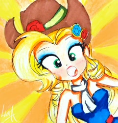 Size: 1974x2045 | Tagged: safe, artist:liaaqila, imported from derpibooru, applejack, eqg summertime shorts, equestria girls, make up shake up, applejack is best facemaker, applejewel, bare shoulders, clothes, fall formal outfits, female, looking at you, makeup, sleeveless, solo, strapless, surprised, traditional art