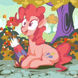 Size: 1500x1500 | Tagged: safe, artist:docwario, imported from derpibooru, pinkie pie, earth pony, pony, female, mare, open mouth, party cannon, smiling, solo, tree