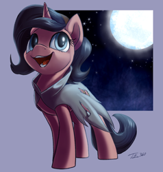 Size: 900x947 | Tagged: safe, artist:tsitra360, imported from derpibooru, oc, oc only, pony, unicorn, cape, clothes, commission, female, full moon, mare, moon, night, open mouth, smiling, solo, stars