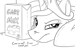 Size: 1200x776 | Tagged: safe, artist:tsitra360, imported from derpibooru, princess celestia, oc, oc:vanilla beam, pony, dialogue, horseshoes, micro, monochrome