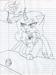 Size: 1589x2101 | Tagged: safe, artist:jolliapplegirl, imported from derpibooru, princess luna, oc, oc:desert moon, alicorn, hybrid, pegasus, pony, sphinx, alicorn oc, female, foal, interspecies offspring, lined paper, mare, offspring, parent:oc:asra, parent:princess luna, parents:canon x oc, sphinx oc, traditional art