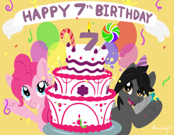 Size: 5169x4016 | Tagged: safe, artist:humble-ravenwolf, artist:ravenhoof, imported from derpibooru, pinkie pie, oc, oc:ravenhoof, pegasus, pony, absurd resolution, balloon, birthday cake, cake, food, happy birthday mlp:fim, mlp fim's seventh anniversary, sparkler (candle)