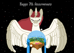 Size: 640x460 | Tagged: safe, artist:gawbox, imported from derpibooru, oc, oc only, oc:fausticorn, alicorn, equestria, faust worship, flat world, goddess, happy birthday mlp:fim, lauren faust, mlp fim's seventh anniversary, pixel art, pony bigger than a planet, wings