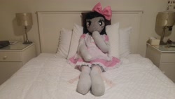 Size: 5312x2988 | Tagged: safe, artist:bigsexyplush, artist:somethingaboutoctavia, imported from derpibooru, octavia melody, anthro, unguligrade anthro, anthro plushie, bed, bedroom eyes, bloomers, bow, clothes, costume, cute, doll, female, frilly, hooves, irl, lace, lacy, lolita fashion, outfit, photo, plushie, shocked, shocked expression, socks, socktavia, solo, startled, surprised, thigh highs, thunder thighs, toy, wide hips