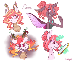 Size: 1024x853 | Tagged: safe, artist:flourret, imported from derpibooru, oc, oc only, oc:serena, changedling, changeling, changepony, hybrid, unicorn, female, forked tongue, magic, mirror, offspring, parent:princess celestia, parent:thorax, parents:thoralestia, solo