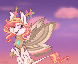 Size: 1024x841 | Tagged: safe, artist:flourret, imported from derpibooru, oc, oc only, oc:serena, changepony, hybrid, female, offspring, one eye closed, parent:princess celestia, parent:thorax, parents:thoralestia, raised hoof, solo, wink