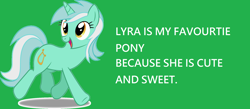 Size: 2100x912 | Tagged: safe, imported from derpibooru, lyra heartstrings, pony, unicorn, female, green background, image macro, meme, misspelling, simple background, smiling, solo