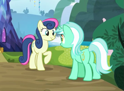 Size: 549x406 | Tagged: safe, imported from derpibooru, screencap, bon bon, lyra heartstrings, sweetie drops, shadow play, butt, cropped, duo, happy, looking at each other, plot, raised hoof, smiling, twilight's castle
