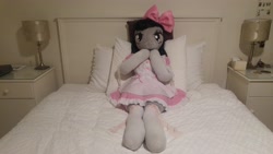 Size: 5312x2988 | Tagged: safe, artist:bigsexyplush, artist:somethingaboutoctavia, imported from derpibooru, octavia melody, anthro, anthro plushie, bed, bedroom eyes, bloomers, bow, clothes, costume, cute, doll, female, frilly, hooves, irl, lace, lacy, lolita fashion, outfit, photo, plushie, shocked, shocked expression, socks, socktavia, solo, startled, surprised, thigh highs, thunder thighs, toy, wide hips