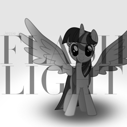 Size: 800x800 | Tagged: dead source, safe, artist:penguinsn1fan, artist:timeimpact, imported from derpibooru, twilight sparkle, alicorn, pony, album, album cover, cover, female, flashlight (song), irony, jessie j, monochrome, parody, ponified, ponified album cover, solo, song reference, twilight sparkle (alicorn)