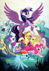 Size: 1650x2400 | Tagged: safe, artist:joy-ang, imported from derpibooru, applejack, fluttershy, pinkie pie, princess celestia, rainbow dash, rarity, spike, storm king, twilight sparkle, alicorn, dragon, pony, my little pony: the movie, the art of my little pony: the movie, concept art, mane seven, mane six, twilight sparkle (alicorn)