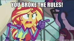 Size: 600x337 | Tagged: safe, edit, edited screencap, imported from derpibooru, screencap, sci-twi, sunset shimmer, twilight sparkle, equestria girls, friendship games, angry, exploitable meme, image macro, meme, sunset yells at twilight, uberhaxornova