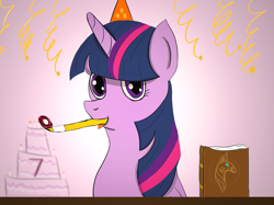 Size: 1890x1417 | Tagged: safe, artist:loira, imported from derpibooru, twilight sparkle, alicorn, pony, book, cake, food, happy birthday mlp:fim, hat, mlp fim's seventh anniversary, party hat, party horn, tongue out, twilight sparkle (alicorn)