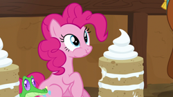 Size: 1280x720 | Tagged: safe, imported from derpibooru, screencap, gummy, pinkie pie, prince rutherford, alligator, pony, yak, not asking for trouble, cake, food, vanilla