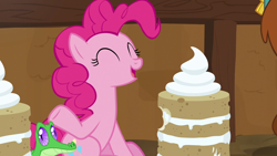 Size: 1280x720 | Tagged: safe, imported from derpibooru, screencap, gummy, pinkie pie, prince rutherford, alligator, earth pony, pony, yak, not asking for trouble, cake, eyes closed, food, vanilla