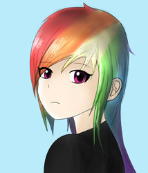 Size: 1200x1400 | Tagged: safe, artist:linlaifeng, imported from derpibooru, rainbow dash, human, clothes, female, humanized, looking at you, multicolored hair, simple background, solo