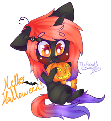 Size: 2613x2865 | Tagged: safe, artist:honeybbear, imported from derpibooru, oc, oc only, oc:tabitha, pony, chibi, female, halloween, high res, holiday, jack-o-lantern, mare, pumpkin, sitting, solo