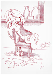 Size: 759x1073 | Tagged: safe, artist:sherwoodwhisper, imported from derpibooru, oc, oc only, oc:eri, pony, unicorn, broken jar, female, filly, inktober, inktober 2017, monochrome, shattered, solo, traditional art