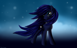 Size: 1680x1050 | Tagged: safe, artist:pony-stark, imported from derpibooru, oc, oc only, oc:lunyashka, earth pony, pony, cloud, eyeshadow, female, looking at you, makeup, mare, not luna, sky, smiling, solo, standing, stars, windswept mane