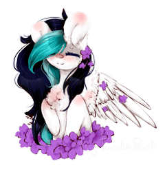 Size: 895x933 | Tagged: safe, artist:twinkepaint, imported from derpibooru, oc, oc only, oc:neon beats, pegasus, pony, bust, chest fluff, eyes closed, female, flower, mare, portrait, simple background, solo, transparent background