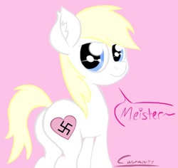 Size: 781x738 | Tagged: safe, artist:cawamity, imported from derpibooru, oc, oc only, oc:aryanne, earth pony, pony, butt, cute, ear fluff, female, german, heart, looking at you, nazi, plot, speech bubble, swastika