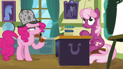 Size: 1920x1080 | Tagged: safe, imported from derpibooru, screencap, cheerilee, pinkie pie, princess celestia, secrets and pies, book, chalkboard, classroom, deerstalker, desk, detective, easel, globe, hat, narrowed eyes, pipe, ponyville schoolhouse, sherlock holmes, sherlock pie, skeptical, suspicious