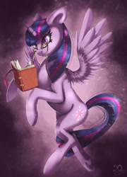 Size: 1024x1420 | Tagged: safe, artist:xaneas, imported from derpibooru, twilight sparkle, alicorn, pony, book, female, flying, glasses, mare, solo, twilight sparkle (alicorn)