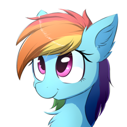 Size: 2000x2000 | Tagged: safe, artist:morningbullet, imported from derpibooru, rainbow dash, pegasus, pony, bust, chest fluff, cute, dashabetes, ear fluff, female, fluffy, looking up, mare, portrait, simple background, smiling, solo, white background