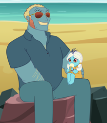 Size: 600x685 | Tagged: safe, artist:queencold, imported from derpibooru, dragon lord torch, princess ember, human, equestria girls, beach, cute, duo, emberbetes, equestria girls-ified, father and daughter, female, food, ice cream, male, rock, sunglasses, younger