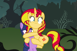 Size: 1244x816 | Tagged: safe, artist:icetama, imported from derpibooru, sunset shimmer, twilight sparkle, pony, unicorn, base used, female, hug, lesbian, mare, scared, shipping, sunsetsparkle