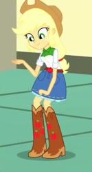 Size: 387x720 | Tagged: safe, imported from derpibooru, screencap, applejack, eqg summertime shorts, equestria girls, pet project, boots, clothes, cowboy boots, cowboy hat, cropped, denim skirt, female, hat, shoes, skirt, smiling, stetson