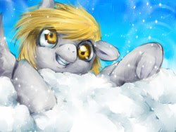 Size: 800x600 | Tagged: safe, artist:nabe, imported from derpibooru, derpy hooves, pegasus, pony, cloud, female, grin, mare, smiling, solo, waving