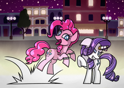 Size: 1754x1240 | Tagged: safe, artist:rambopvp, imported from derpibooru, pinkie pie, rarity, bracelet, building, city, floppy ears, grin, happy, horn jewelry, imminent glomp, jewelry, jumping, night, open mouth, outdoors, pronking, raised hoof, sky, smiling, standing, stars, street, streetlight, tongue out, tree