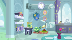 Size: 1920x1080 | Tagged: safe, imported from derpibooru, screencap, tank, tortoise, secrets and pies, bowl, clock, cup, flower, food, food bowl, kitchen, lemon meringue pie, male, open mouth, pet bowl, pet food, pie, plate, rainbow dash's house, sink, solo, towel, tube, vase