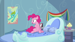 Size: 1920x1080 | Tagged: safe, imported from derpibooru, screencap, pinkie pie, secrets and pies, bed, bedroom, lamp, out of context, pillow, poster, rainbow dash's bedroom, rainbow dash's house