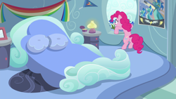 Size: 1920x1080 | Tagged: safe, imported from derpibooru, screencap, pinkie pie, secrets and pies, bed, bedroom, lamp, pillow, poster, rainbow dash's bedroom, rainbow dash's house, rug, wonderbolts poster