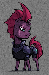 Size: 660x1000 | Tagged: safe, artist:dalapony, imported from derpibooru, tempest shadow, pony, unicorn, my little pony: the movie, abstract background, armor, broken horn, eye scar, female, frown, scar, solo, style emulation, the legend of zelda, the legend of zelda: the wind waker