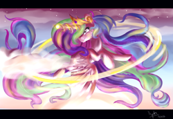 Size: 4228x2903 | Tagged: safe, artist:ilynalta, imported from derpibooru, princess celestia, alicorn, pony, absurd resolution, cloud, commission, crown, female, flying, glowing horn, mare, regalia, solo, stars