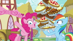 Size: 1920x1080 | Tagged: safe, imported from derpibooru, screencap, pinkie pie, rainbow dash, earth pony, pegasus, pony, secrets and pies, balancing, crazy face, derp, duo, faic, female, food, harness, lemon meringue pie, mare, pecan pie, pie, ponyville, strawberry pie, tack, wagon