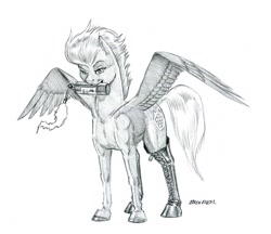 Size: 1400x1211 | Tagged: safe, artist:baron engel, imported from derpibooru, oc, oc only, pegasus, pony, blowtorch, female, grayscale, looking at you, mare, monochrome, pencil drawing, simple background, sketch, smiling, solo, traditional art, white background