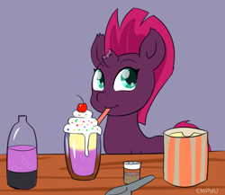 Size: 1000x867 | Tagged: safe, artist:empyu, imported from derpibooru, fizzlepop berrytwist, tempest shadow, pony, unicorn, my little pony: the movie, 45 minute art challenge, bottle, broken horn, cute, dessert, drinking, female, food, hidden cutie mark, ice cream, mare, shake, simple background, soda, solo, straw, tempestbetes